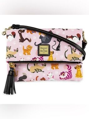 Dooney & Bourke 2019 Disney Pink Cat Print Crossbody Clutch with Black Strap